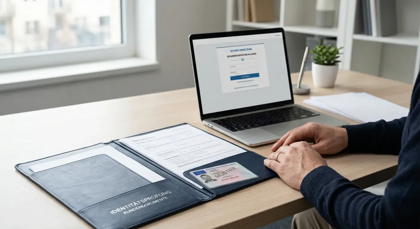 Ordner mit neutralen Identitätsunterlagen und Laptop ohne Markenlogos