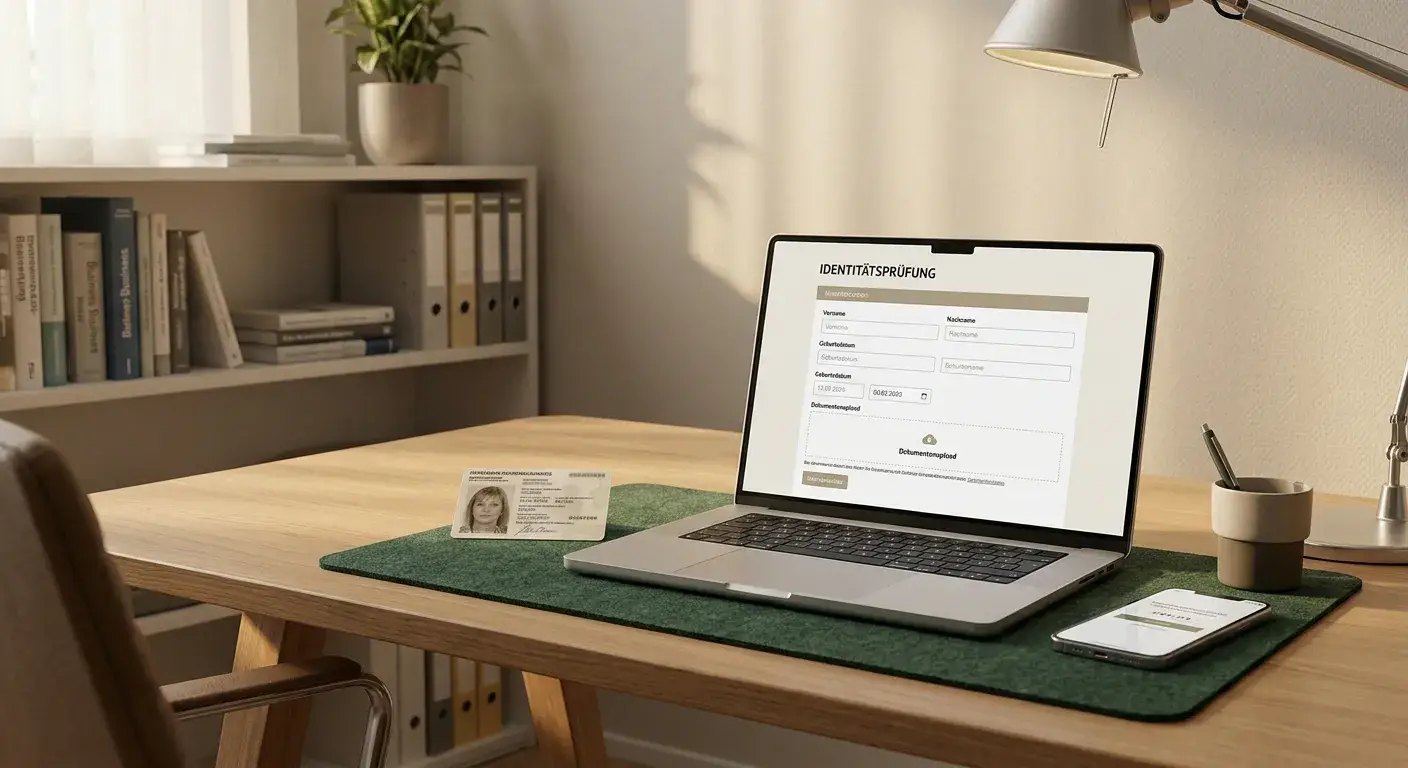Neutrale Identitätsprüfung am Laptop mit Dokumenten und Smartphone