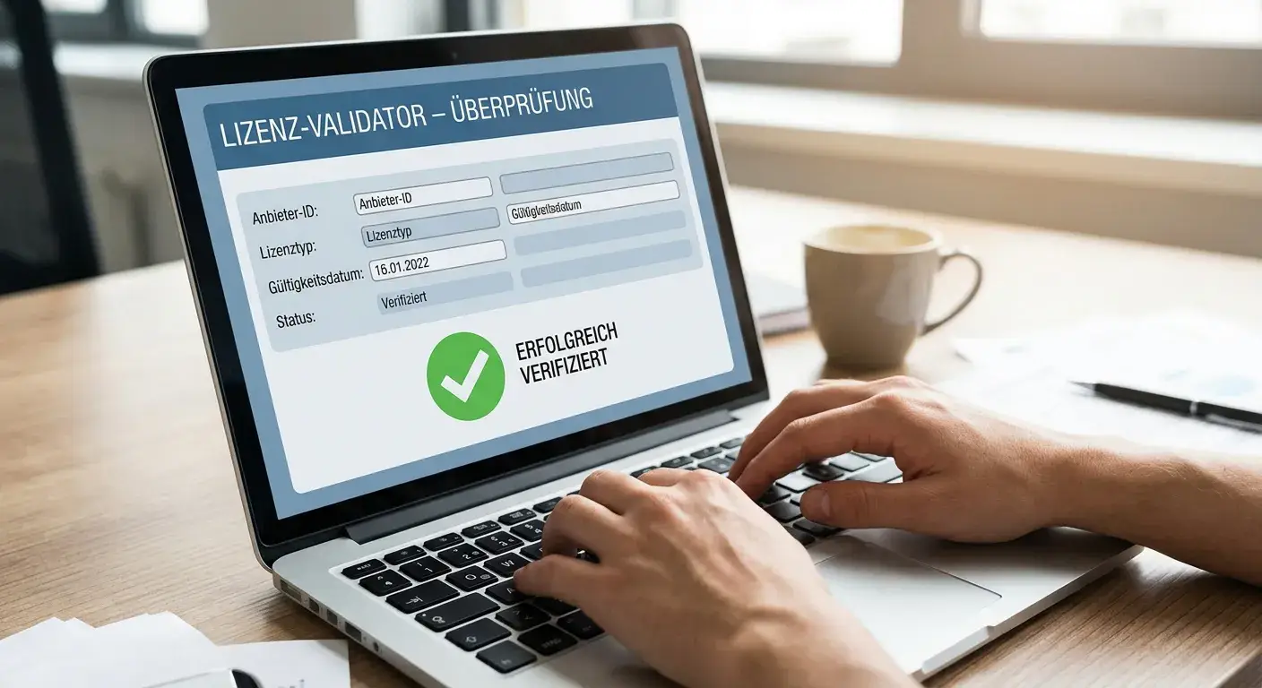 Laptop mit Lizenz-Validator-Interface und Verifizierung in Arbeit