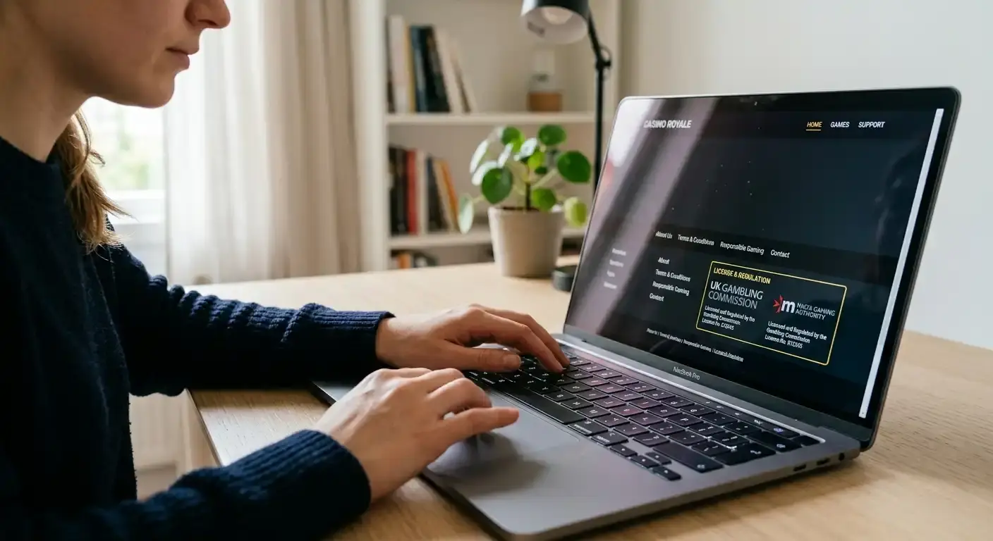 Person an Laptop überprüft Casino-Lizenz im Footer einer Website