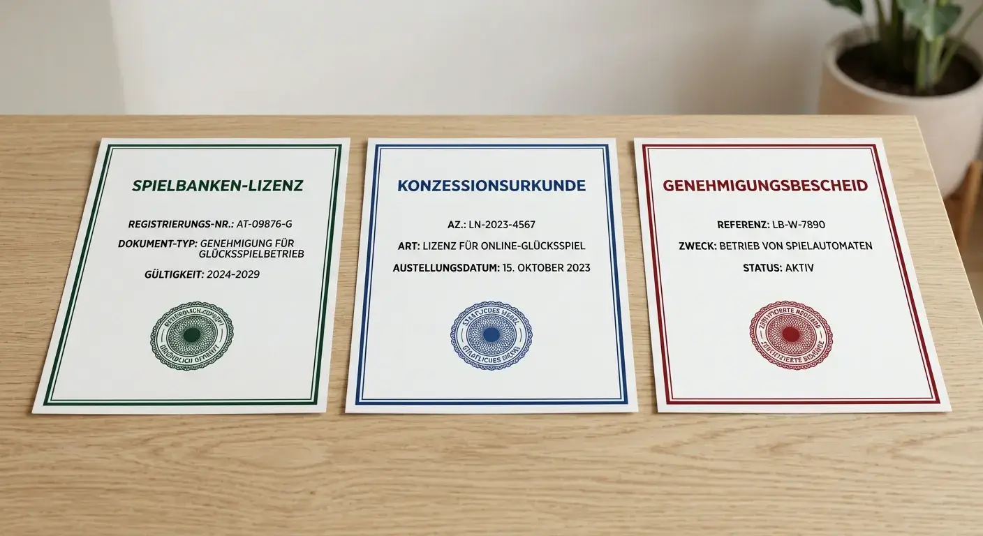 Neutrale Lizenzdokumente mit drei verschiedenen Siegeln auf einem hellen Holztisch