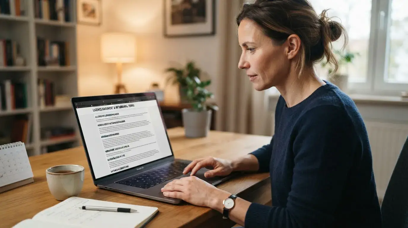 Person prüft Lizenzangaben und Auszahlungsbedingungen auf einem Laptop