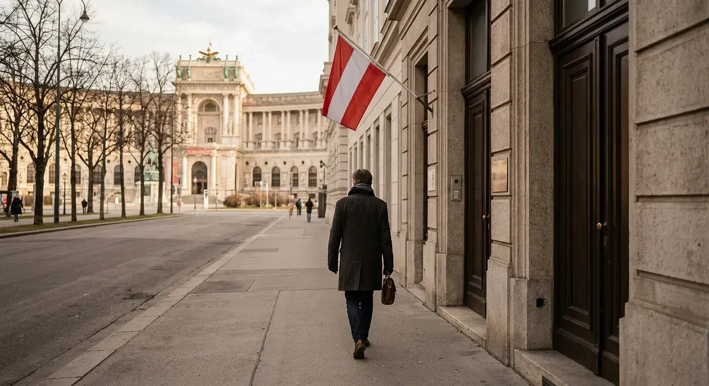 Wiener Straßenansicht mit historischem Gebäude und dezenter Österreich-Fahne, Sinnbild für die geteilte Rechtslage zwischen win2day und internationalen Anbietern