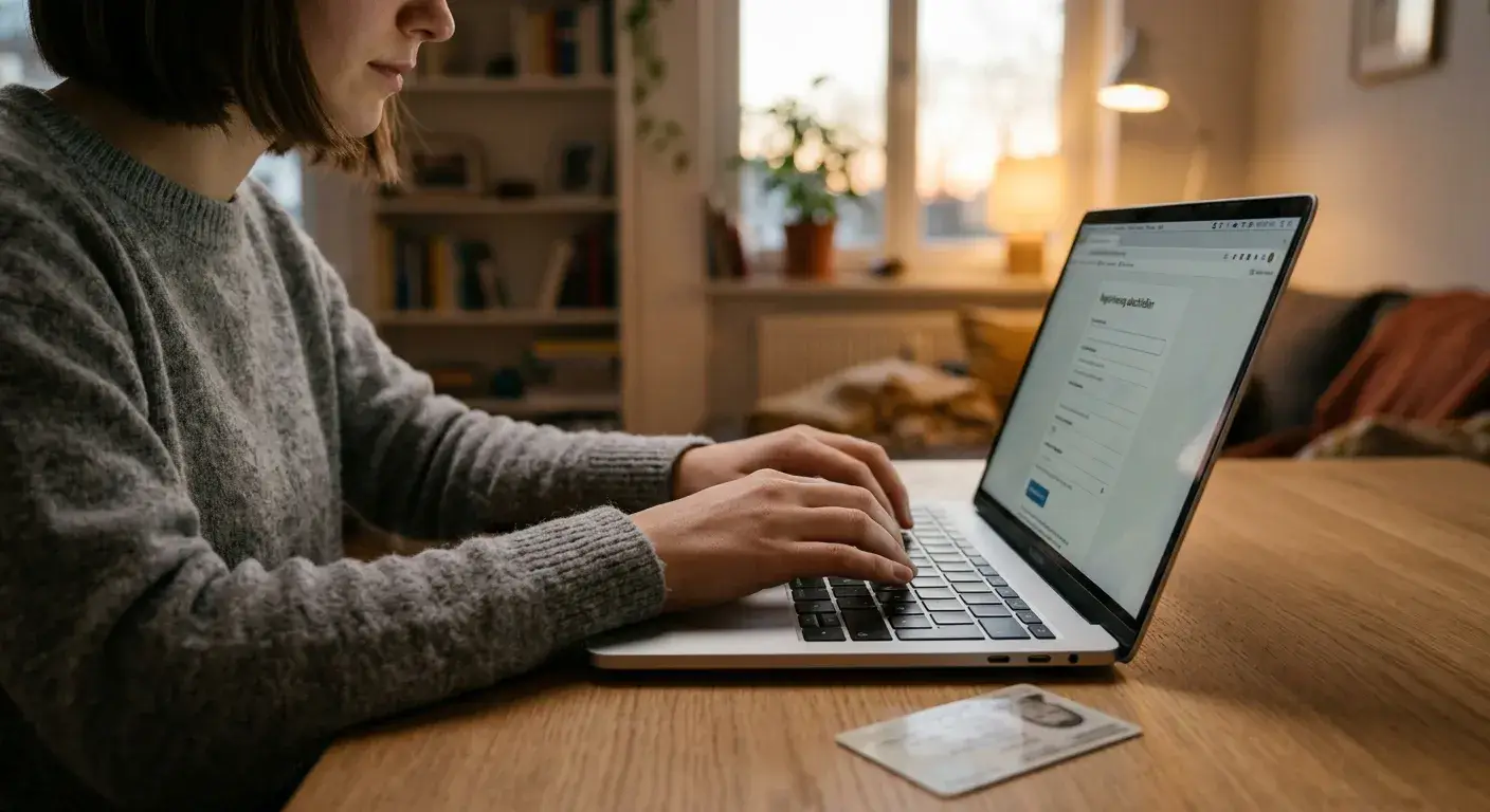 Person legt am Laptop ein neues Casino-Konto an, daneben ein Ausweis