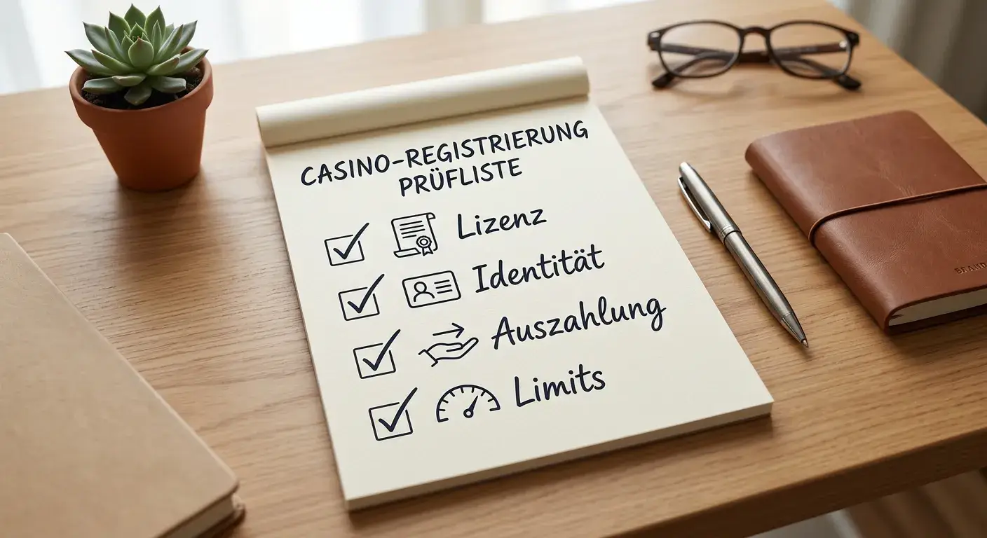 Checkliste mit neutralen Symbolen für Lizenz, Identität, Auszahlung und Limits