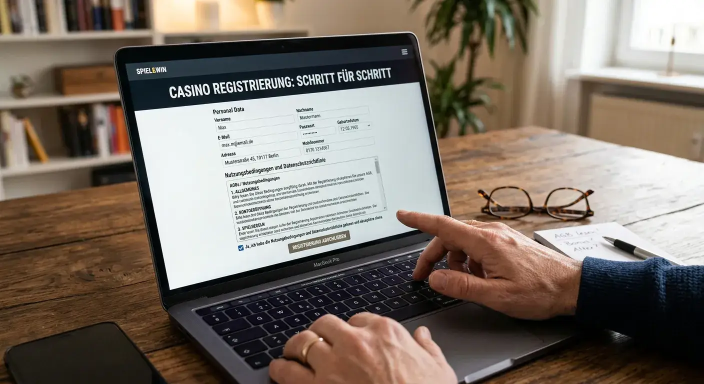Person am Laptop beim Durchlesen von Casino-Bonusbedingungen