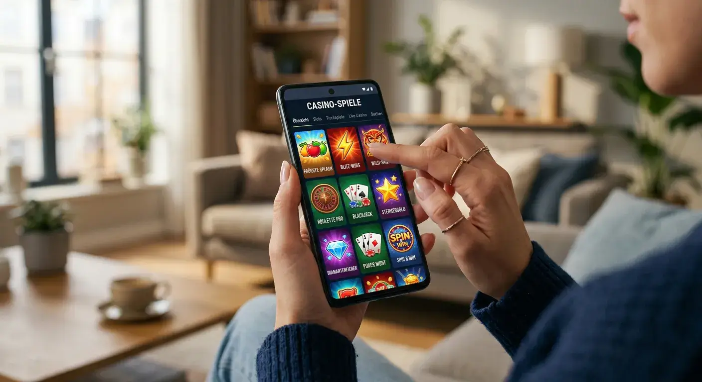 Smartphone-Display zeigt bunte Casino-Spiele-Übersicht mit Spielautomat-Symbolen und Kartenspielen