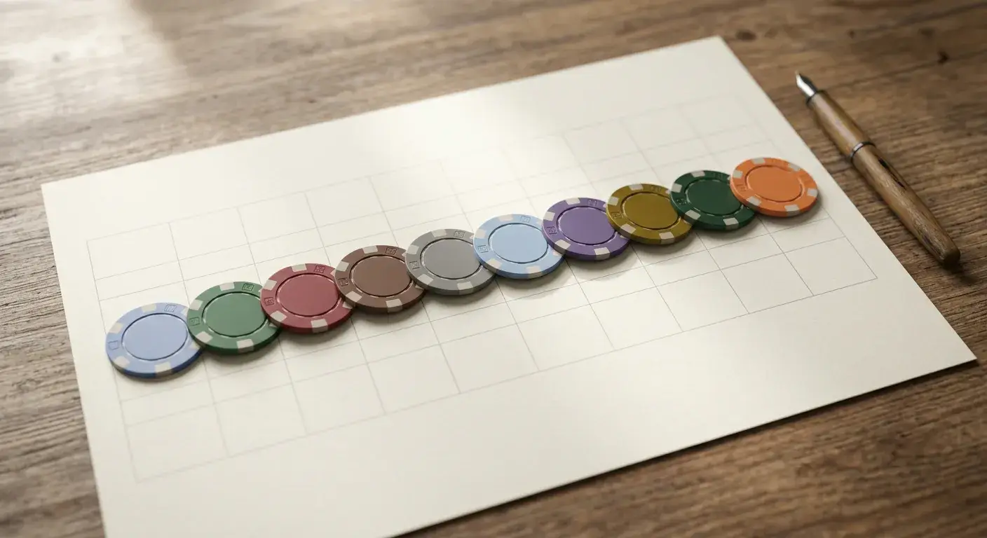 Zehn generische Casino-Chips in unterschiedlichen Farben auf einem Vergleichsbogen nebeneinander