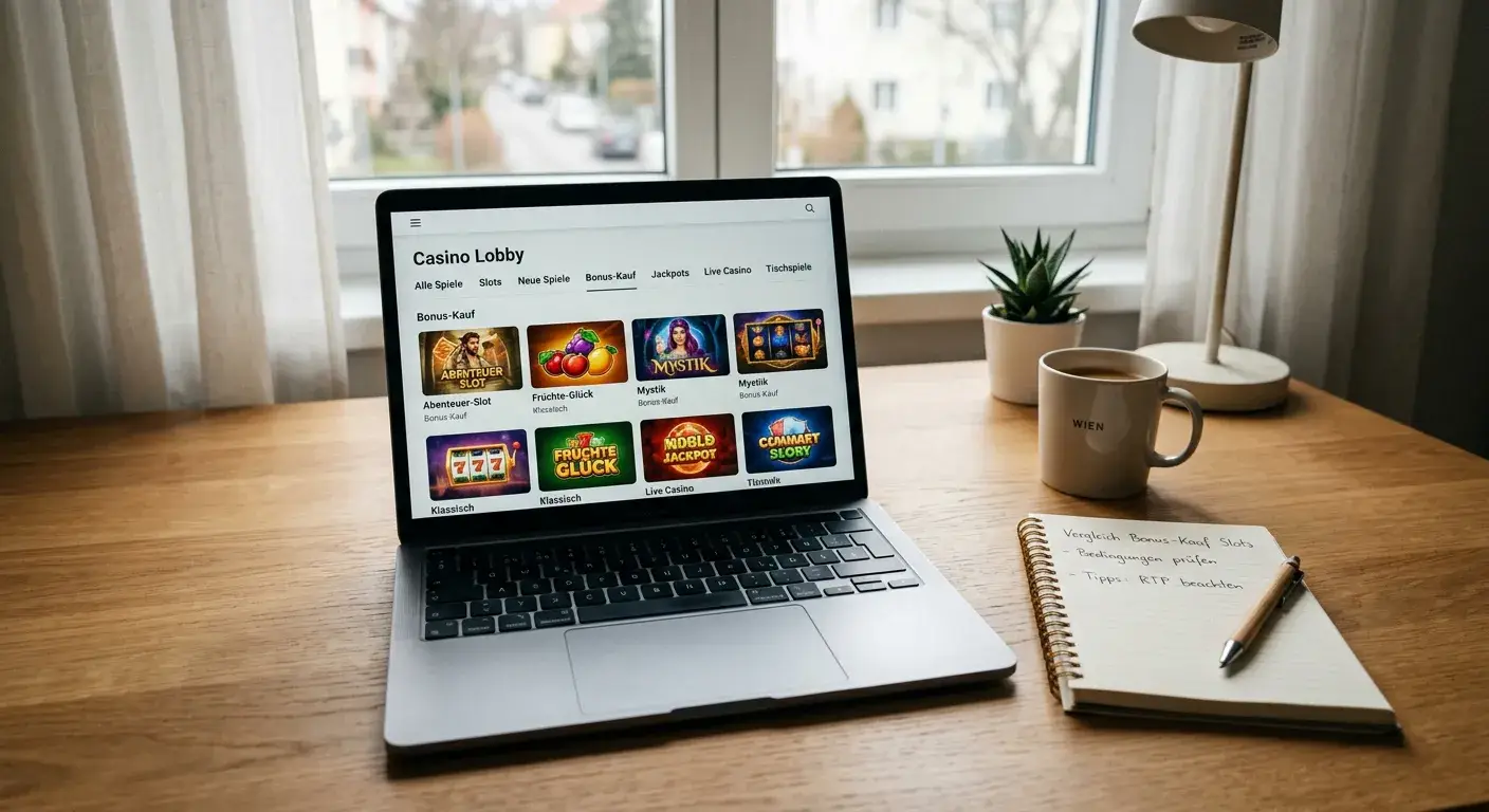 Aufgeräumter Arbeitsplatz mit Laptop, der eine Casino-Lobby mit Bonus-Buy-Filter zeigt