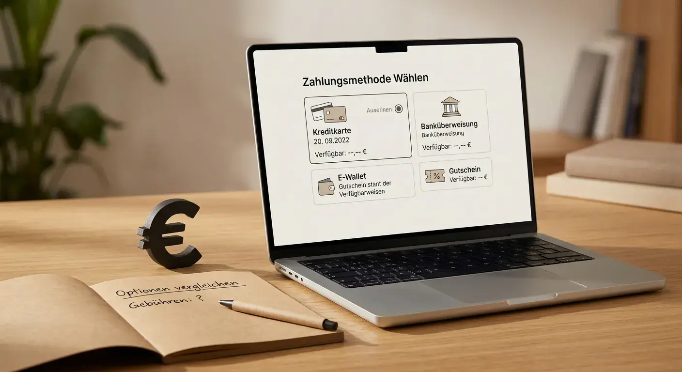 Neutraler Laptop mit Zahlungsoptionen und Auszahlungsprüfung