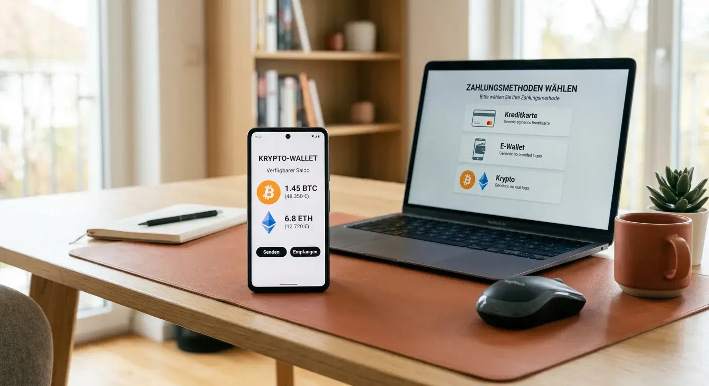 Smartphone mit Krypto-Wallet und Laptop mit Zahlungsmethoden-Auswahl
