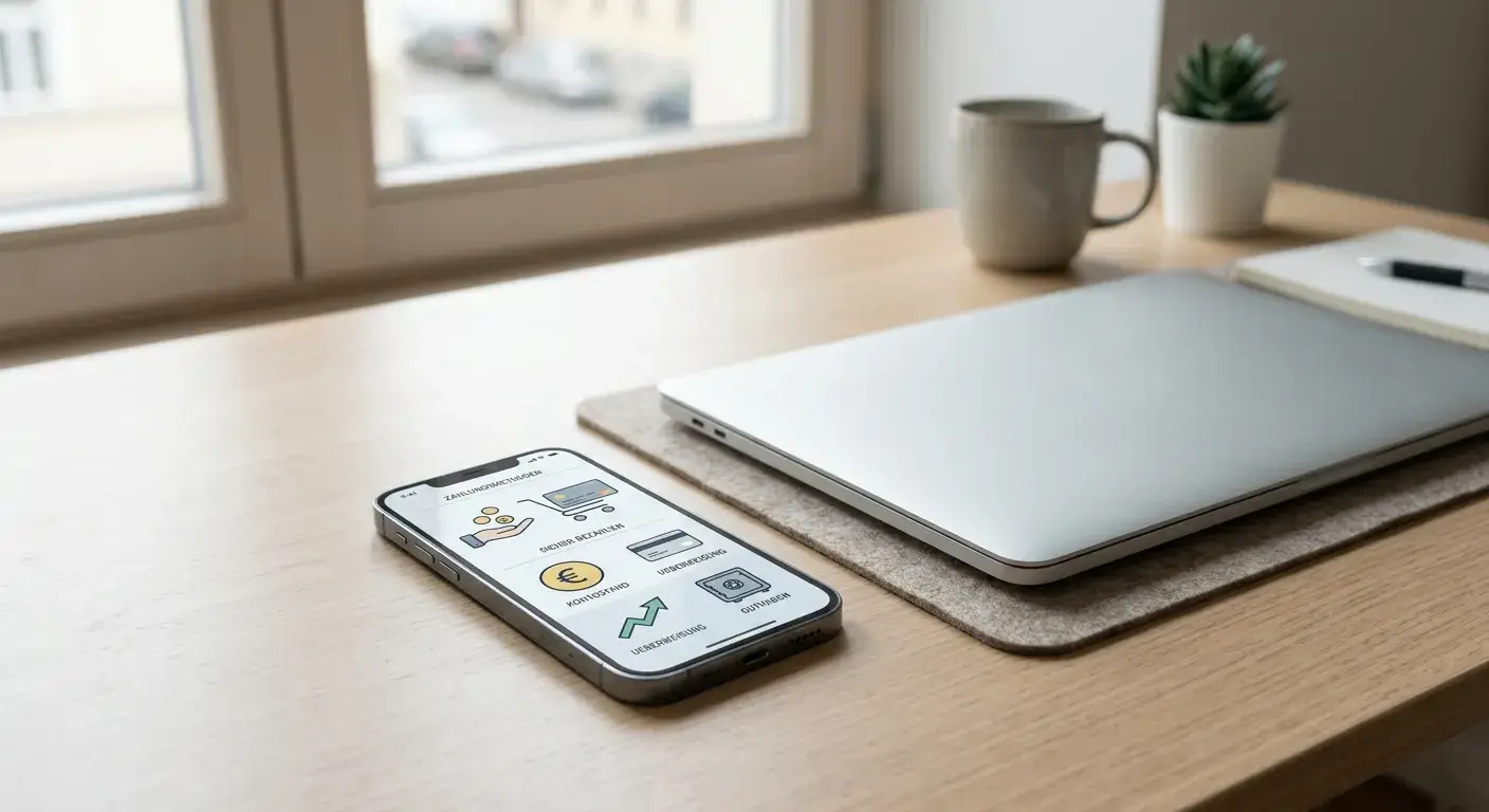 Smartphone und Laptop mit neutralen Zahlungsicons ohne Markenlogos