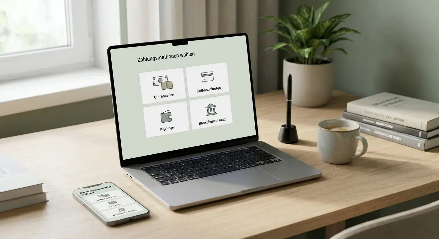 Smartphone und Laptop zeigen eine neutrale Kassenansicht mit Symbolen für verschiedene Zahlungswege