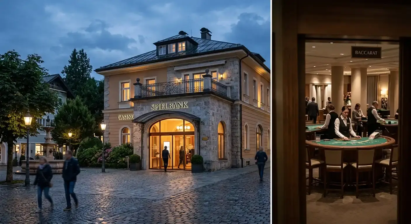 Österreichische Spielbank-Architektur mit diskretem Baccarat-Hinweis