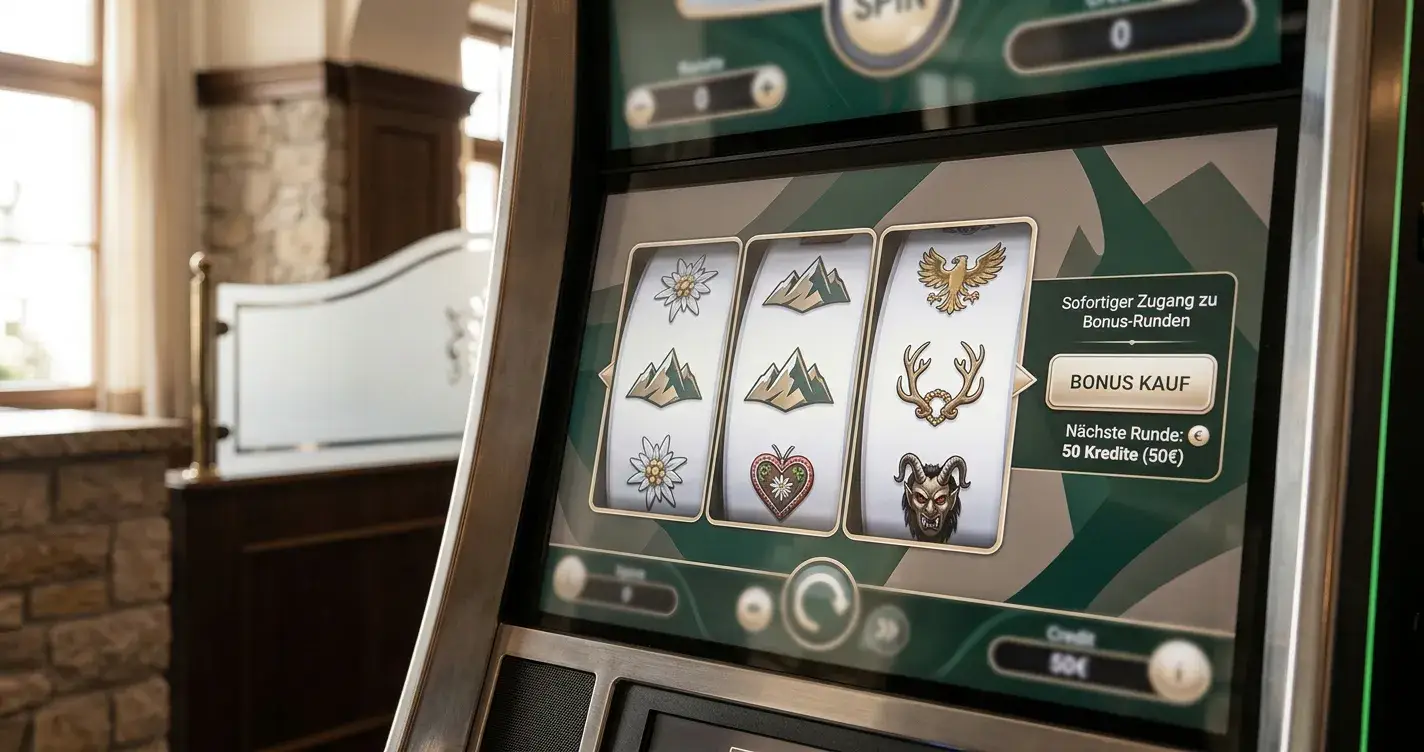 Spielautomat mit Bonus-Buy-Button und österreichischer Casino-Atmosphäre im Hintergrund