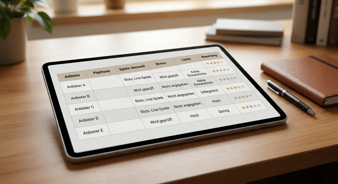 Vergleichstabelle auf Tablet-Bildschirm mit neutraler Casino-Oberfläche