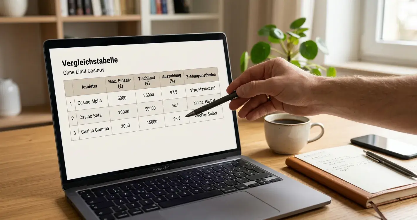Laptop mit Vergleichstabelle für Online-Casinos auf dem Bildschirm