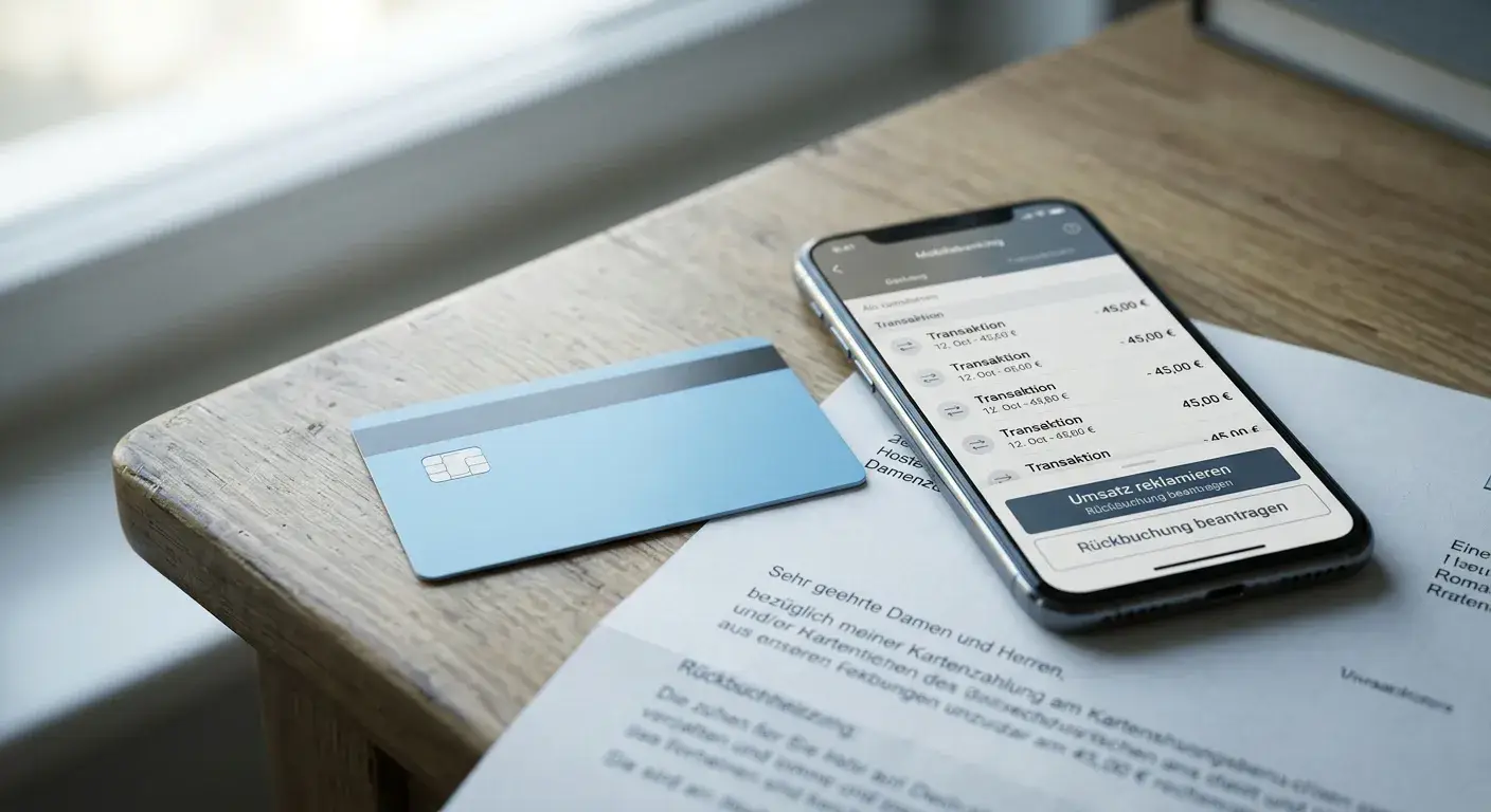 Kreditkarte neben Smartphone mit neutralem Bank-Interface und einem Schreiben