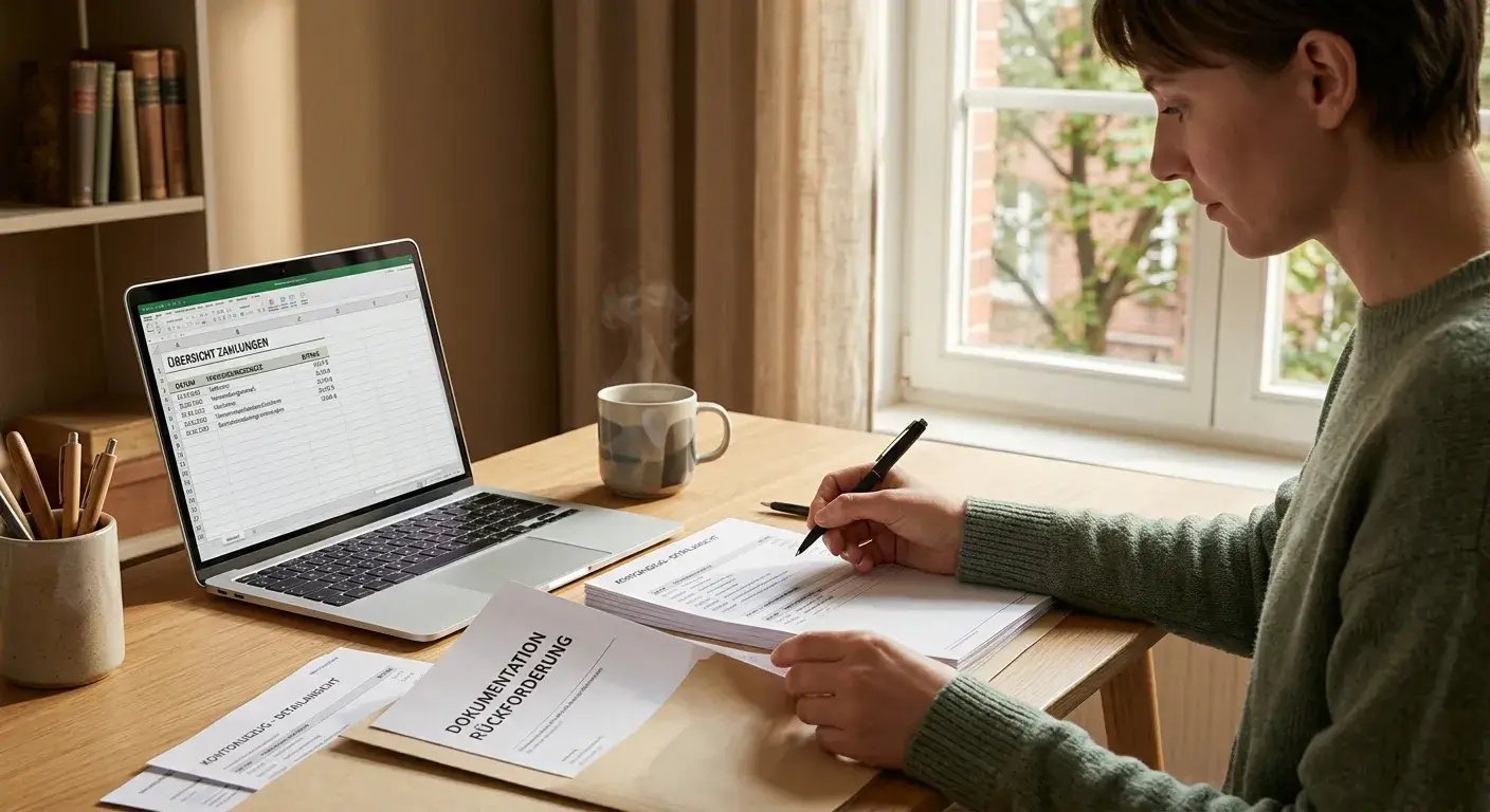 Person an einem Schreibtisch mit Ordner und Laptop bereitet Unterlagen vor