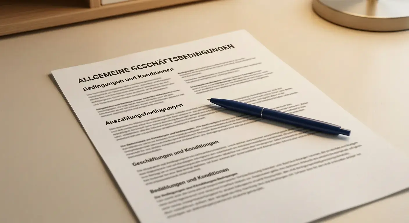 Gedruckte Bonusbedingungen mit Stift auf hellem Tisch