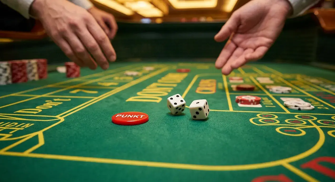 Hände über einem Craps-Tisch beim Würfeln mit rotem Punkt-Marker