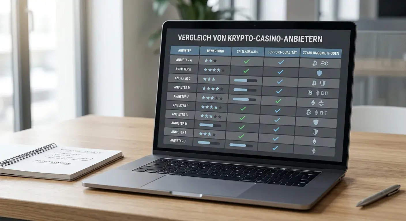 Neutraler Vergleich von zehn internationalen Krypto-Casino-Anbietern auf einem Laptop
