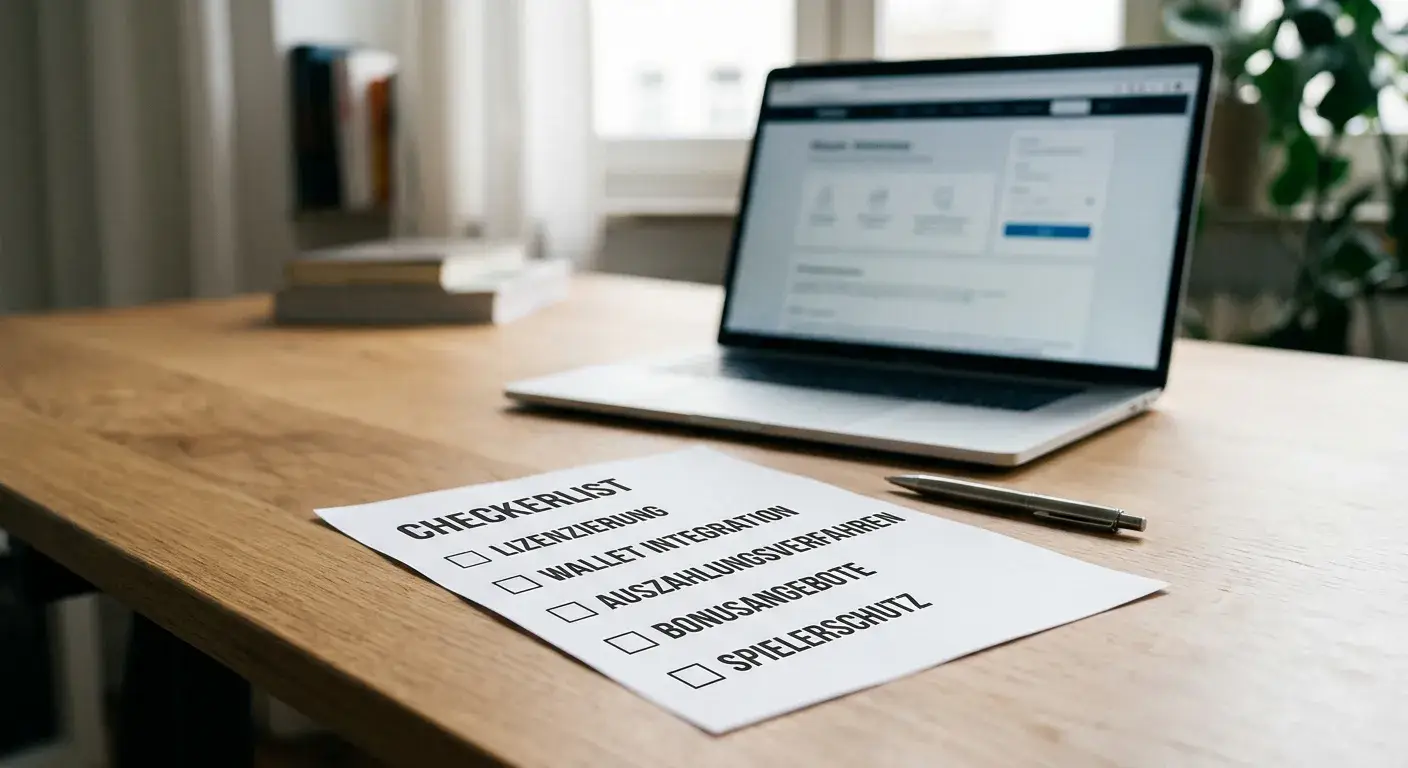 Checkliste mit Lizenz, Wallet, Auszahlung und Spielerschutz auf einem neutralen Schreibtisch