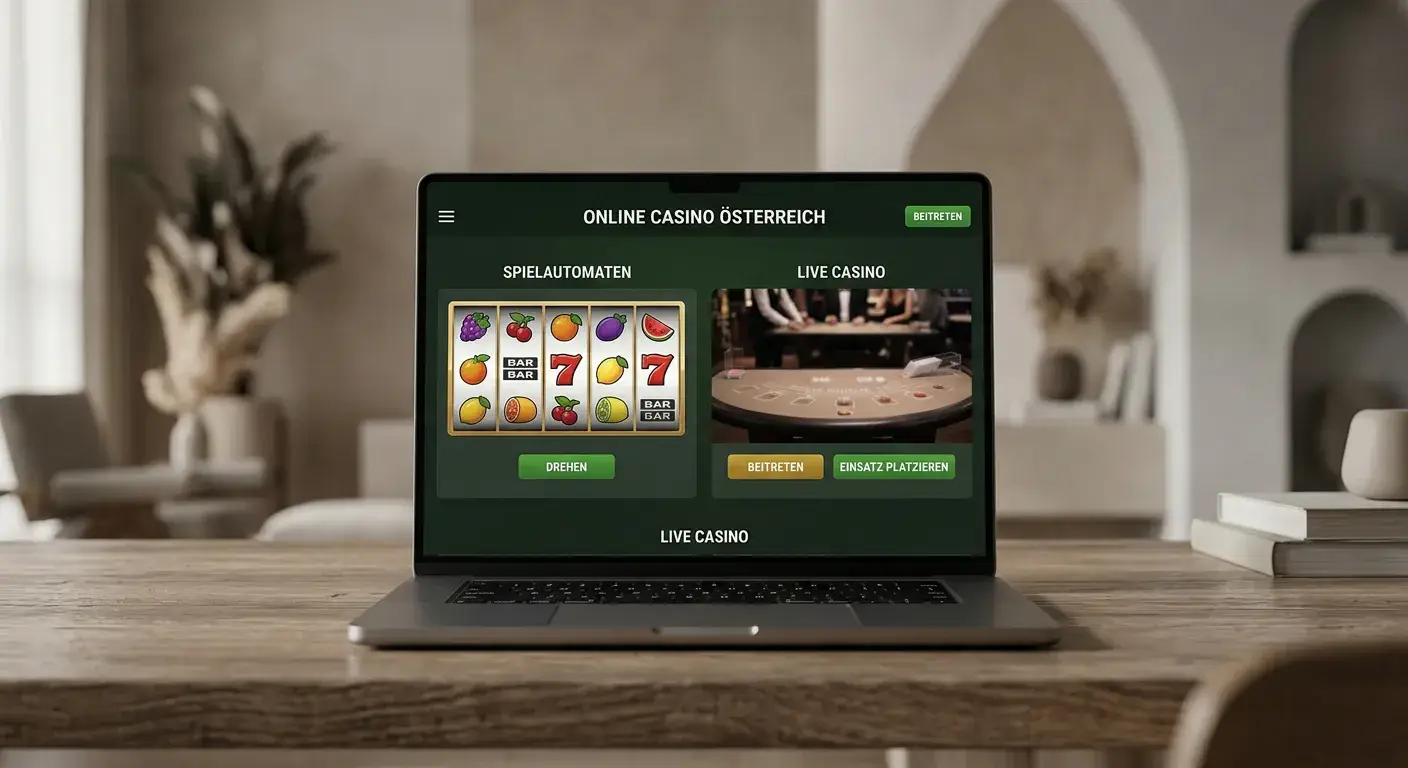 Neutrale Spielautomaten- und Live-Casino-Oberfläche ohne Markenlogos