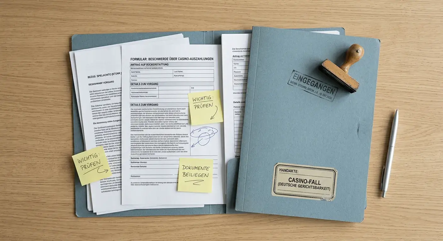 Dokumentenmappe mit Notizzetteln und einem Stempel auf hellem Hintergrund