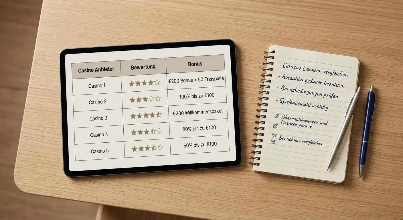 Vergleichstabelle auf einem Tablet mit neutralen Casino-Symbolen und Bewertungsmarkierungen