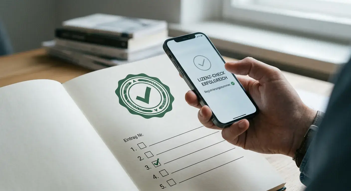 Hand mit Smartphone über einem Dokument mit grünem Prüfsiegel und Lizenznummer
