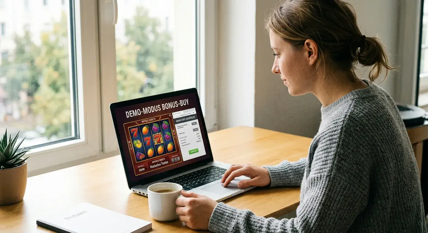 Person testet einen Spielautomaten im Demomodus am Laptop mit virtuellem Guthaben