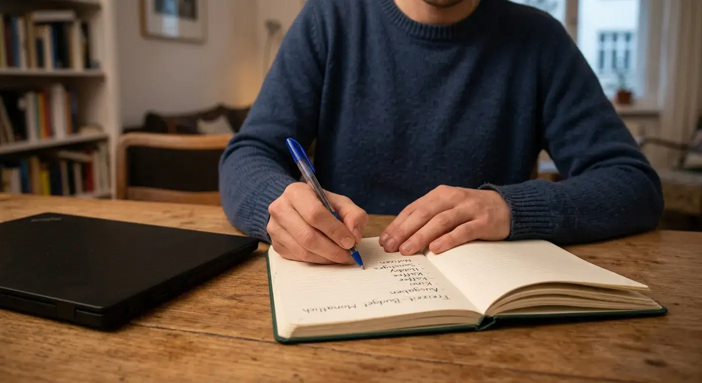 Person mit Notizbuch und festgelegtem Monatsbudget an einem ruhigen Schreibtisch