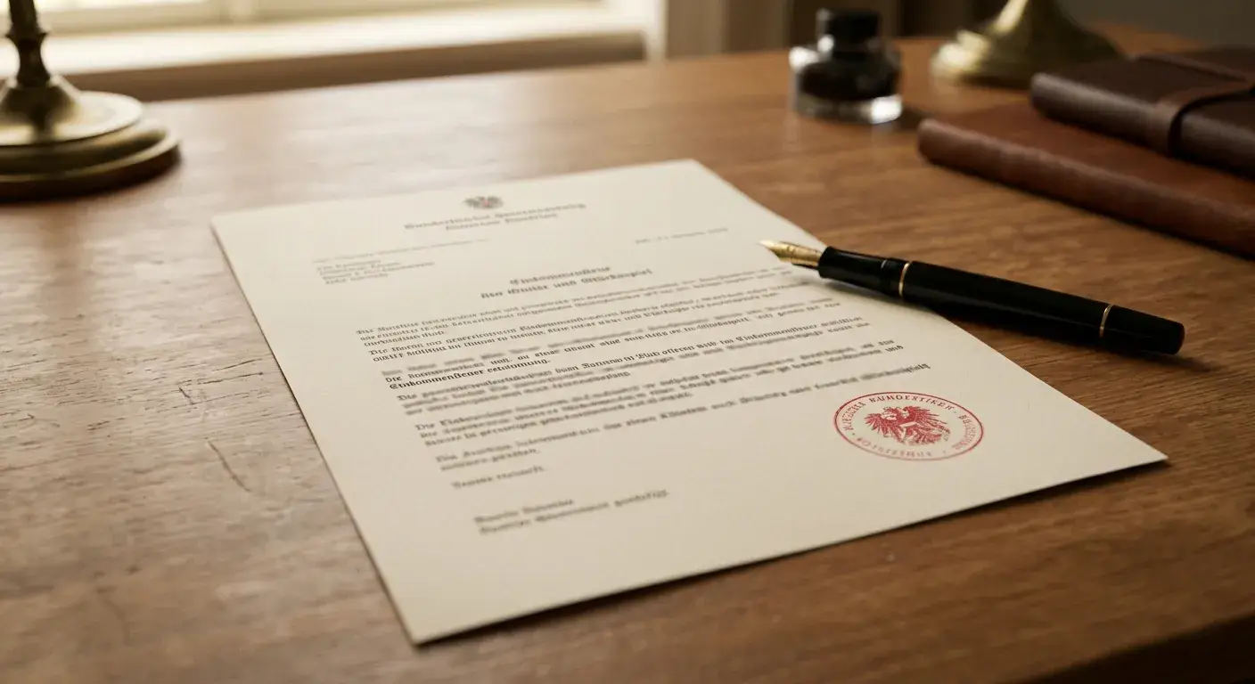 Offizielles österreichisches Dokument mit Stempel auf einem ordentlichen Schreibtisch