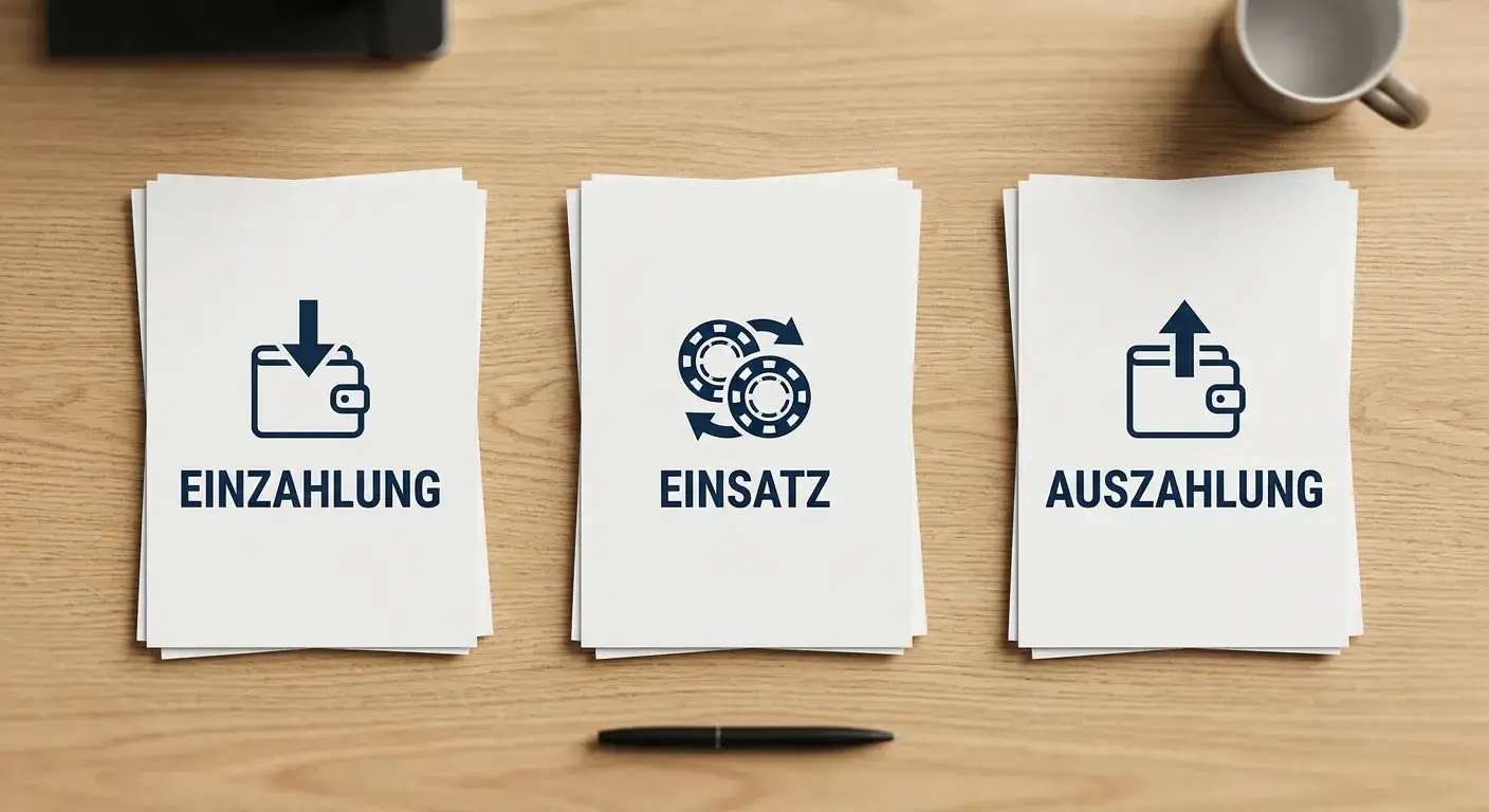 Drei Dokumentenstapel mit den Beschriftungen Einsatz, Einzahlung und Auszahlung auf einem Schreibtisch