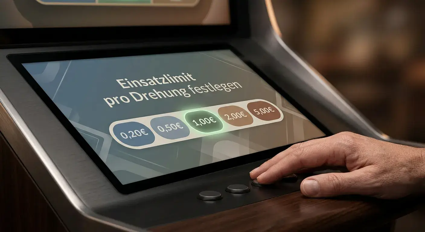 Nahaufnahme eines neutralen Spielautomatenbildschirms mit sichtbarer Einsatzauswahl ohne Markenlogo