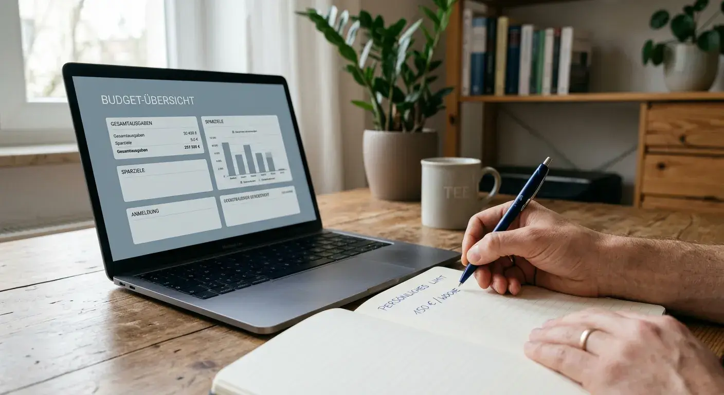 Person mit Notizbuch und klarer Limitübersicht am Laptop
