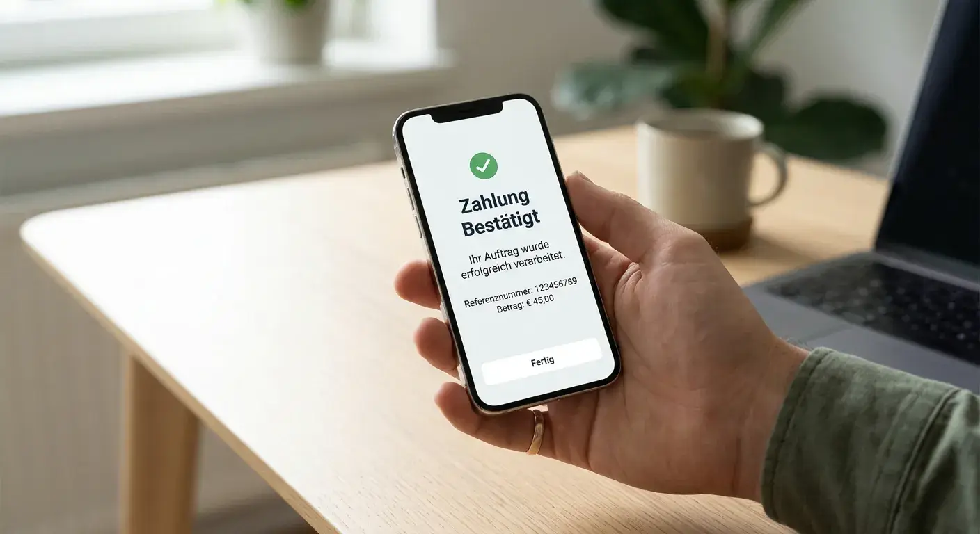 Hand hält Smartphone mit neutralem Zahlungsformular auf hellem Hintergrund