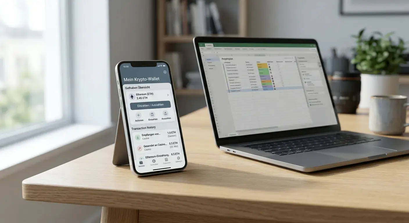 Smartphone mit neutraler Wallet-Oberfläche neben einem Laptop auf einem aufgeräumten Schreibtisch