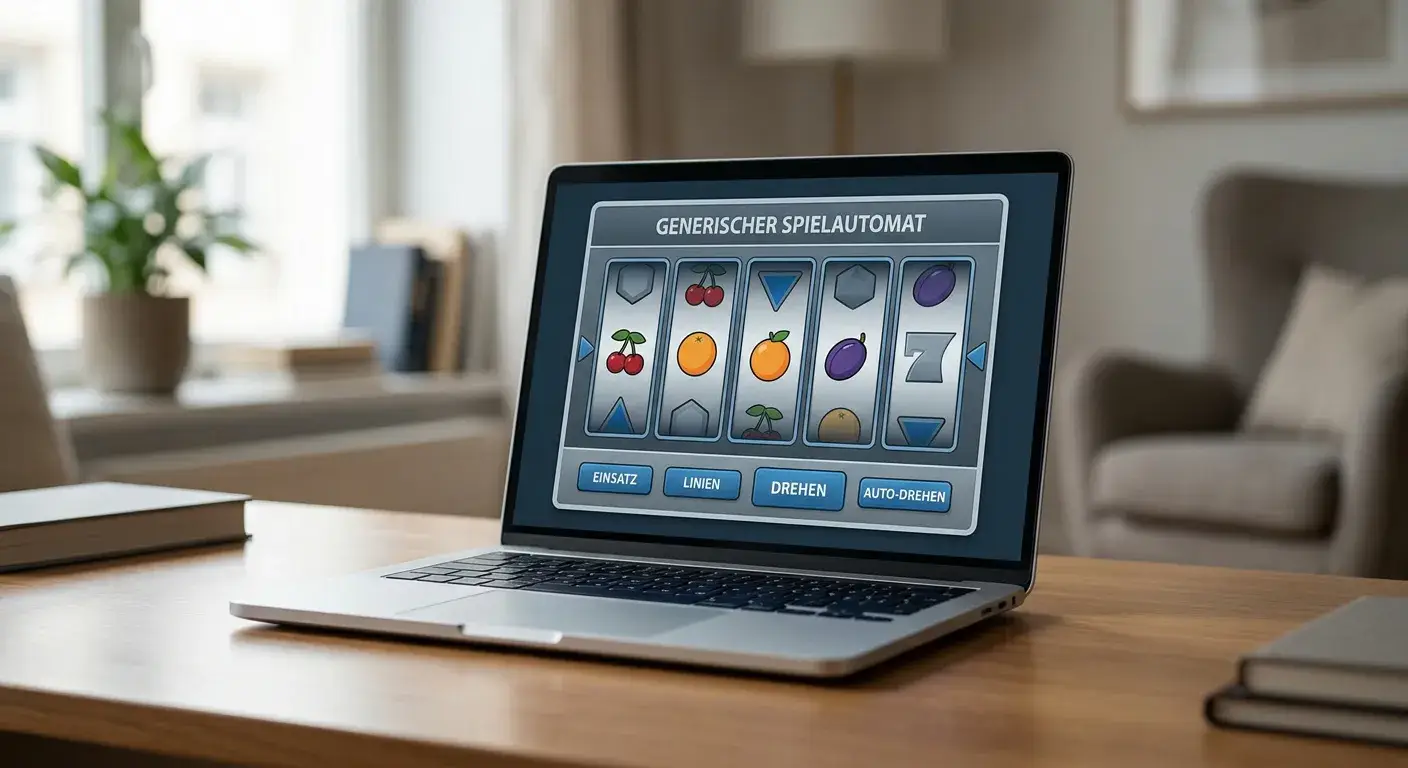 Laptop-Bildschirm mit neutraler Spielautomaten-Oberfläche ohne erkennbare Markenlogos