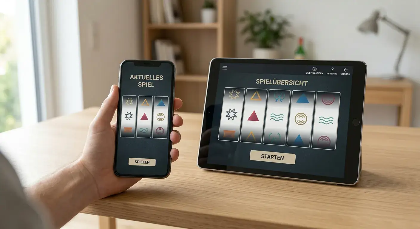 Smartphone und Tablet mit neutraler Browseransicht eines Spielautomaten