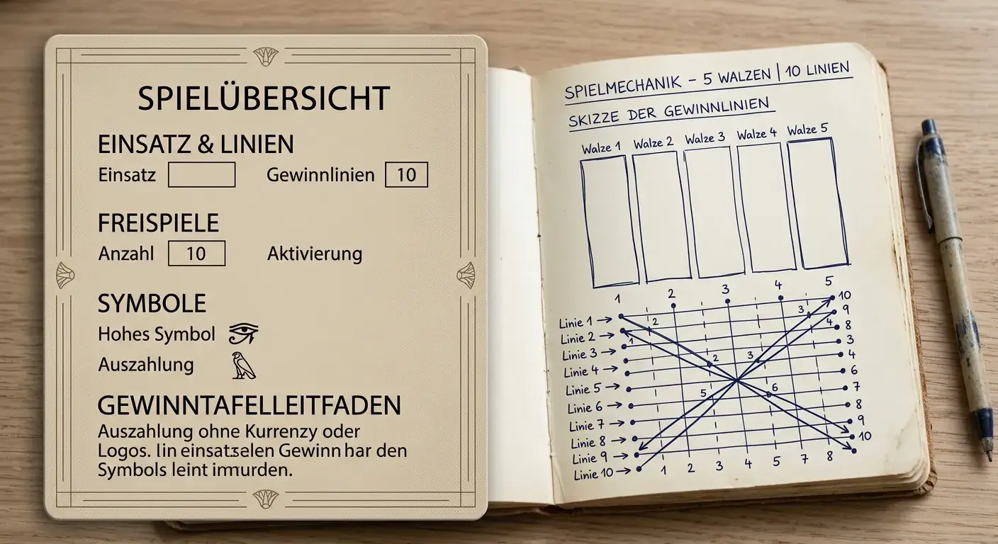 Neutrales Spiel-Datenblatt mit Walzen, Linien und RTP-Hinweis