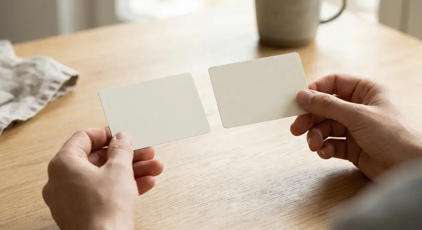 Hand wägt zwischen zwei neutralen Angebotskarten ohne Marken auf einem hellen Tisch ab