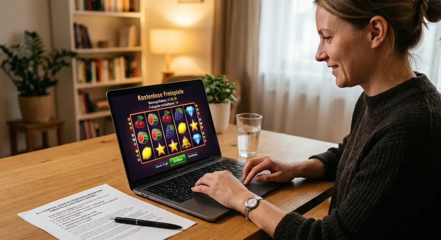 Laptop mit neutralen Spielautomaten-Symbolen und Notizblatt zu Freispiele-Bedingungen