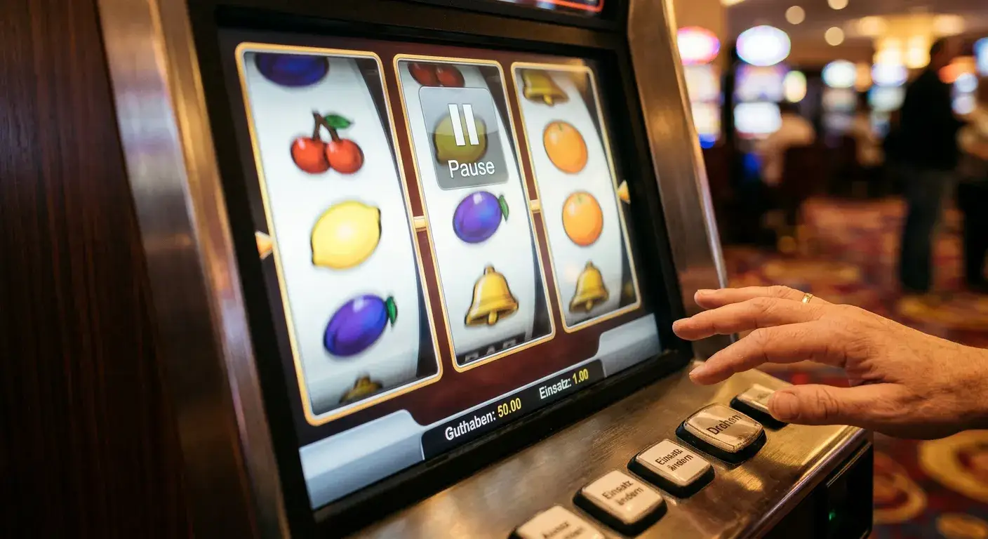 Generischer Spielautomat mit abstrakten Fruchtsymbolen und Pause-Indikator