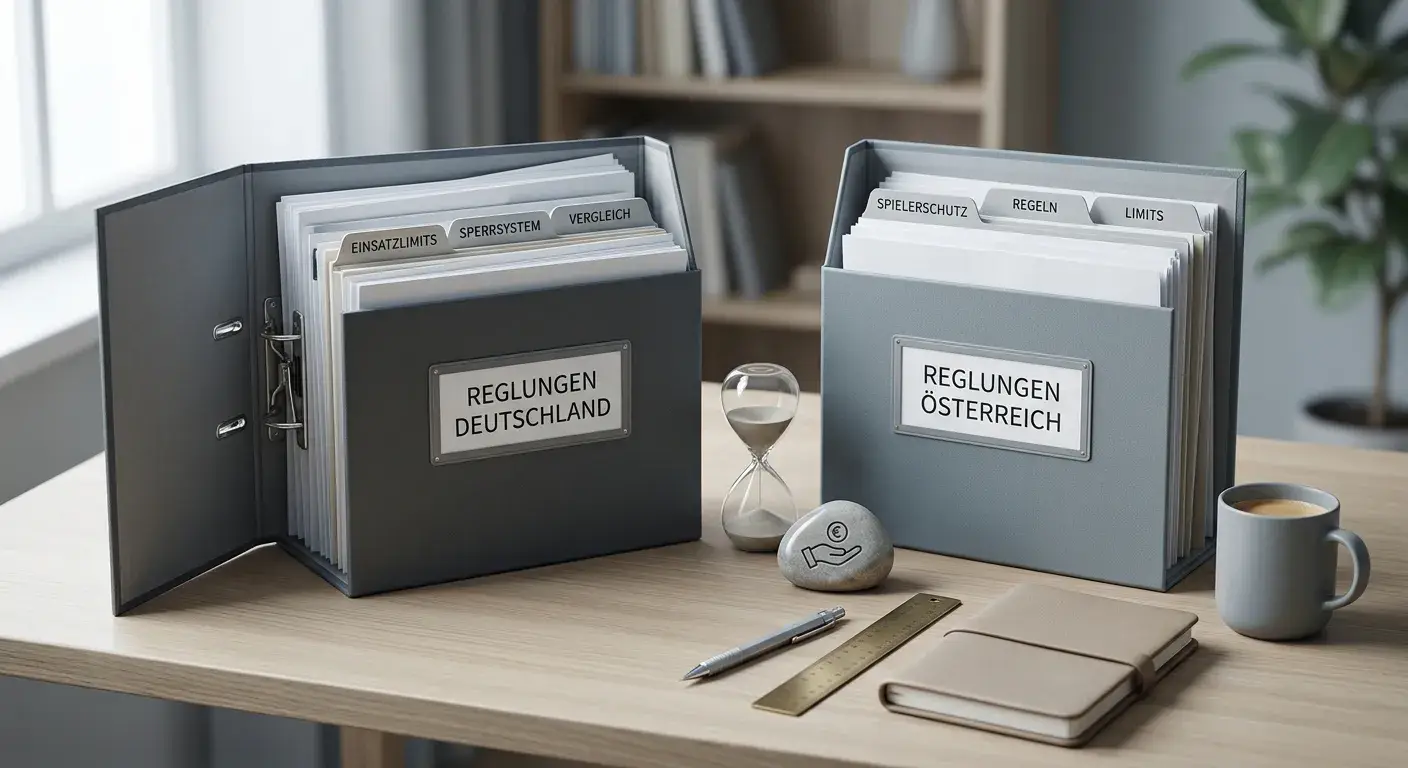 Neutrale Übersicht mit Spielerschutzsymbolen und getrennten deutschen und österreichischen Regelpfaden