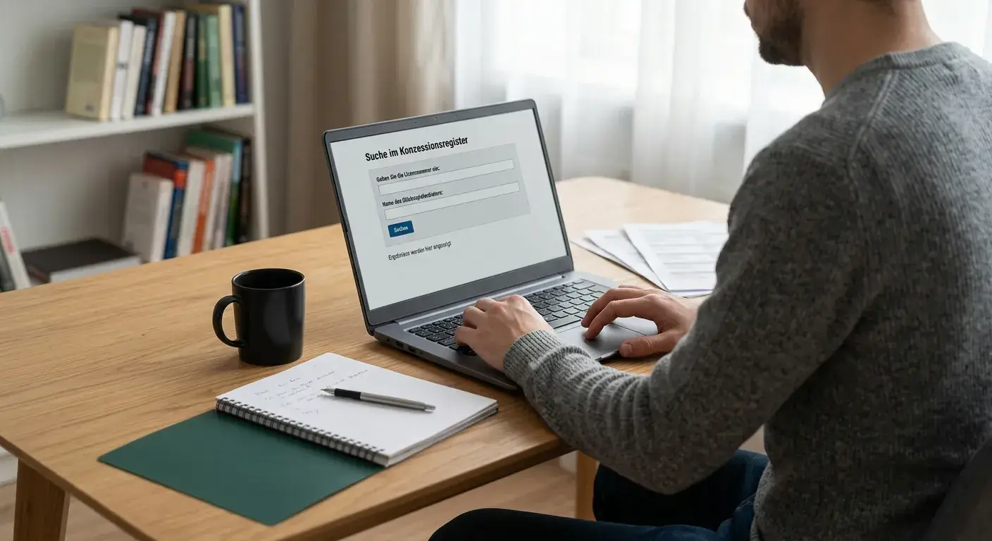 Person prüft Lizenznummer und Rechtsträger in neutralen Online-Registern am Laptop