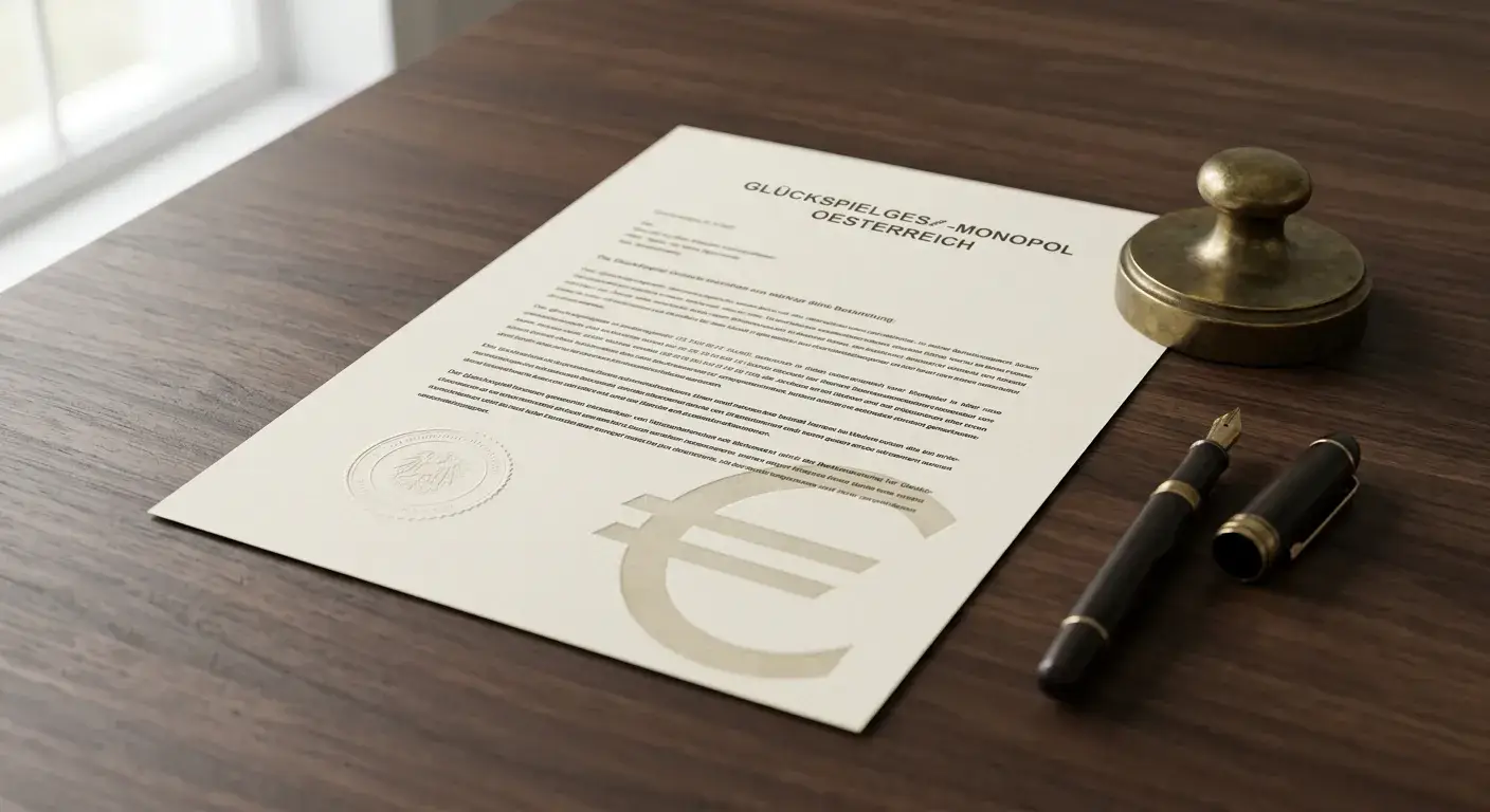 Behördliches Dokument mit rundem Stempel und Euro-Symbol auf einem dunklen Holztisch, weiche Fensterbeleuchtung