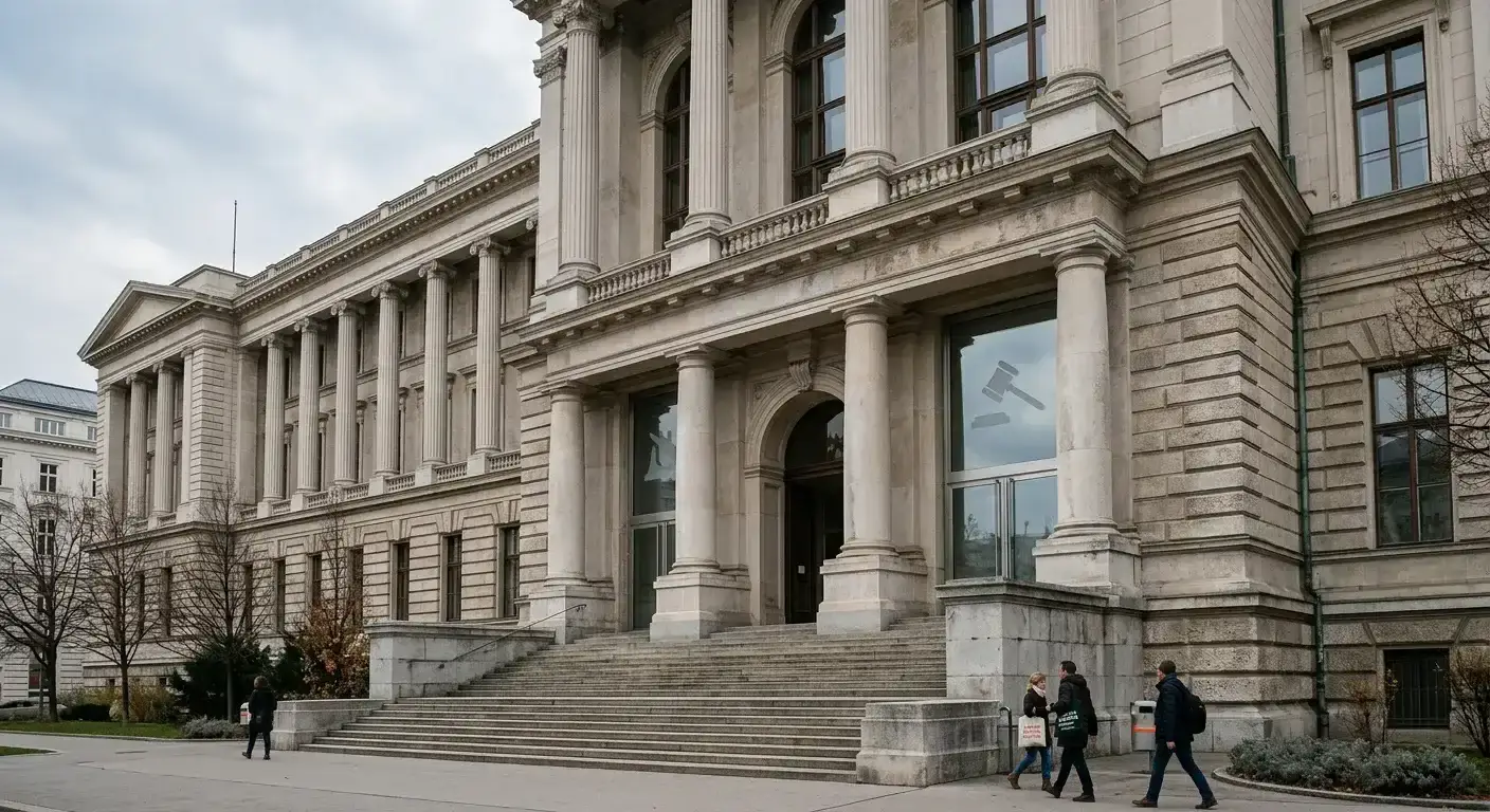 Österreichisches Regierungsgebäude mit dezentem Glücksspielgesetz-Symbol