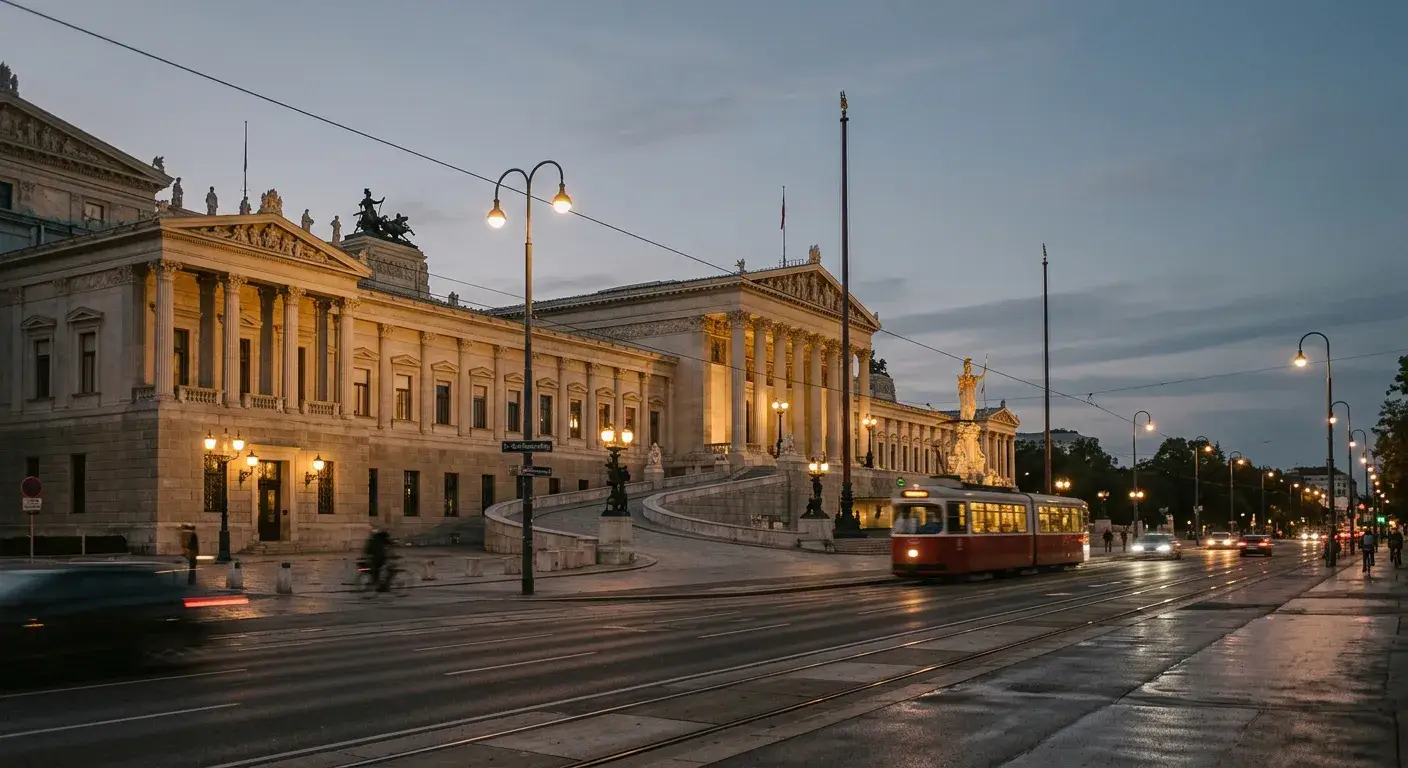 Parlament in Wien am Abend, ruhige Beleuchtung der Ringstraße
